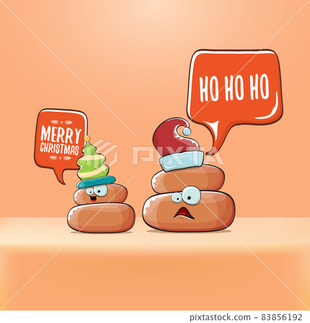 Funky christmas hand drawn greeting card. vector funny cartoon cool tiny brown poo character with santa red and his poo elf friend Funky christmas hand drawn greeting card. vector funny cartoon cool tiny brown poo character with santa red and his poo elf friend 83856192