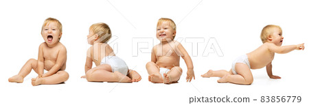 Collage of portraits of little boy, baby, child crawling, laughing and playing isolated over white background Collage of portraits of little boy, baby, child crawling, laughing and playing isolated over white background 83856779