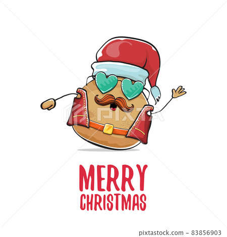 vector rock star santa potato funny cartoon cute character with with red santa hat and calligraphic merry christmas text isolated on white background. rock n roll christmas party poster vector rock star santa potato funny cartoon cute character with with red santa hat and calligraphic merry christmas text isolated on white background. rock n roll christmas party poster 83856903