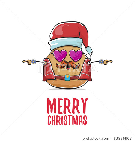 vector rock star santa potato funny cartoon cute character with with red santa hat and calligraphic merry christmas text isolated on white background. rock n roll christmas party poster vector rock star santa potato funny cartoon cute character with with red santa hat and calligraphic merry christmas text isolated on white background. rock n roll christmas party poster 83856908