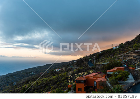 Volcanic landscape with houses in Los Canarios, Fuencaliente in the Island of La Palma 83857189