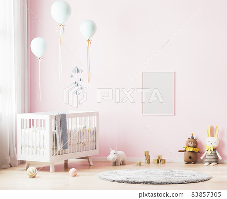 Blank poster frame mock up on pink wall in nursery room interior background with baby bedding, soft toys, balloons, 3d rendering 83857305