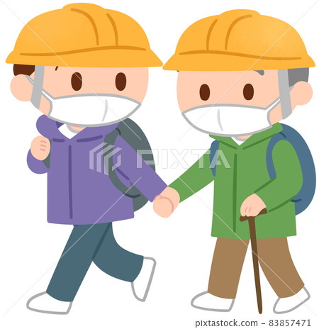Evacuating men and elderly men (wearing masks) 83857471