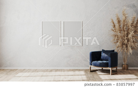 Blank white poster frames mock up on gray wall in modern living room interior with dark blue armchair and wooden floor, scandinavian style, luxury, 3d rendering Blank white poster frames mock up on gray wall in modern living room interior with dark blue armchair and wooden floor, scandinavian style, luxury, 3d rendering 83857997