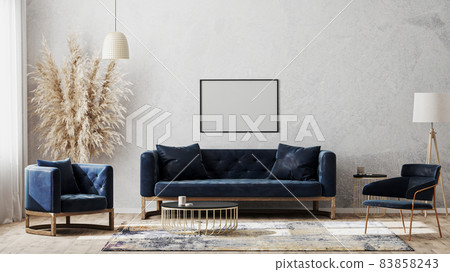 horizontal blank poster frames on gray wall mockup in modern luxury interior design with dark blue sofa, armchairs near cofee table, fancy rug on wooden floor, 3d rendering 83858243