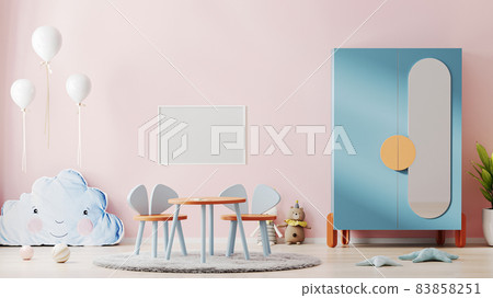 Blank horizontal poster frame mock up in beautiful children room interior with pink wall, colorful furniture and soft toys, kids playroom interior background, nursery, 3d rendering Blank horizontal poster frame mock up in beautiful children room interior with pink wall, colorful furniture and soft toys, kids playroom interior background, nursery, 3d rendering 83858251