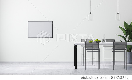 horizontal frame mock up in modern bright white room interior with contemporary bar table and bar stools, , scandinavian minimalistic style, 3d rendering horizontal frame mock up in modern bright white room interior with contemporary bar table and bar stools, , scandinavian minimalistic style, 3d rendering 83858252