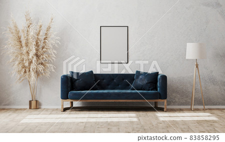 Blank vertical frame on gray decorative plaster wall in modern  living room interior with dark blue sofa, floor lamp, 3d rendering 83858295