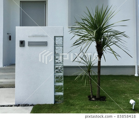White gatepost with glass block and Dracaena symbol tree White gatepost with glass block and Dracaena symbol tree 83858418