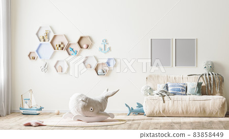 Poster frame mock up in stylish children's room interior in light tones with toys, bed and shelves, 3d rendering Poster frame mock up in stylish children's room interior in light tones with toys, bed and shelves, 3d rendering 83858449
