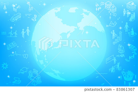 SDGs, glowing earth and SDGs and goal icons, glittering blue background 83861307
