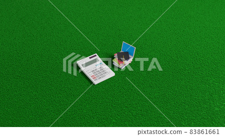 Books, laptops, mortarboard miniatures and calculators placed on a flat surface 83861661