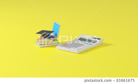 Books, laptops, mortarboard miniatures and calculators placed on a flat surface 83861675