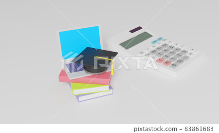 Books, laptops, mortarboard miniatures and calculators placed on a flat surface Books, laptops, mortarboard miniatures and calculators placed on a flat surface 83861683