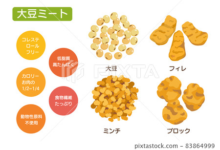 Illustrations of soy meat of various shapes (soy, minced fillet, block) Illustrations of soy meat of various shapes (soy, minced fillet, block) 83864999