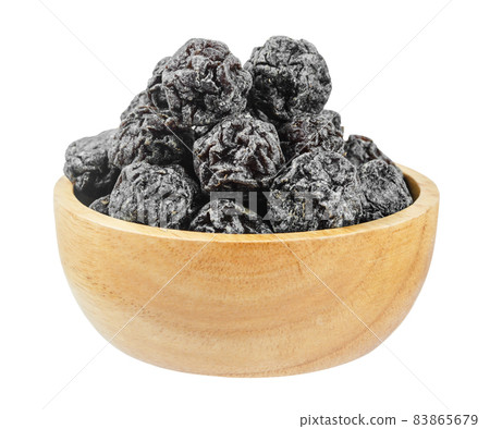 Salted Black plum in wooden bowl isolated on white background. 83865679