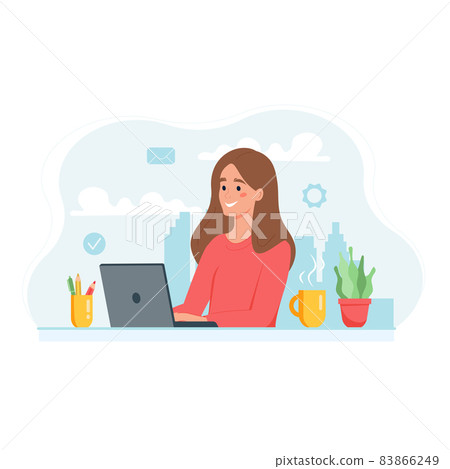 Home office concept, woman with laptop, student or freelancer 83866249