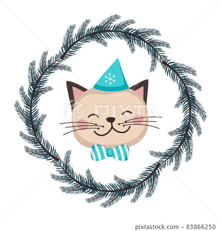 Cute cat or kitten in cap and bow in childish style with frame from festive Christmas wreath. Funny animal with happy face. Vector flat illustration for holiday and new year 83866250