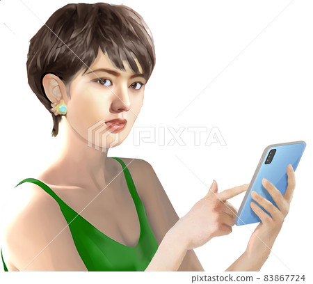 "Who is this?" A woman looking up a smartphone 83867724