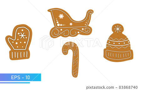 Christmas Cookies, gingerbread set, santa claus christmas sleigh, lollipop, hat and mittens in brown color, Isolated On White Background, Vector Illustration. 83868740