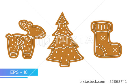 Christmas Cookies, gingerbread set, christmas deer, spruce and stocking in brown color, Isolated On White Background, Vector Illustration. 83868741