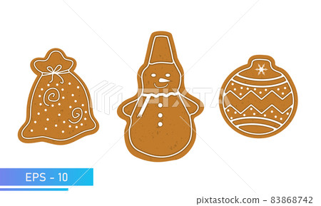 Christmas Cookies, gingerbread set, christmas gift, snowman and christmas tree toy in brown color, Isolated On White Background, Vector Illustration. Christmas Cookies, gingerbread set, christmas gift, snowman and christmas tree toy in brown color, Isolated On White Background, Vector Illustration. 83868742