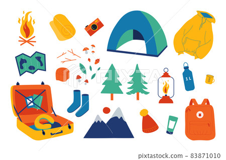 Camping set. Outdoor recreation, nature exploration hiking and expedition. Vector adventure set with map, tent and bonfire elements adventures on outdoor hiking Camping set. Outdoor recreation, nature exploration hiking and expedition. Vector adventure set with map, tent and bonfire elements adventures on outdoor hiking 83871010