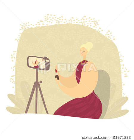 Woman is making video review of cosmetics. Beauty blogger is filming video with camera. Influencer is expressing her opinion on lipstick. Cartoon vector illustration Woman is making video review of cosmetics. Beauty blogger is filming video with camera. Influencer is expressing her opinion on lipstick. Cartoon vector illustration 83871828