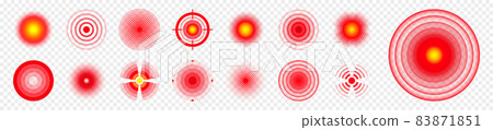 Pain localization marks. Painful area, aching spot. Red circles, targets. Headache, bruised body 83871851