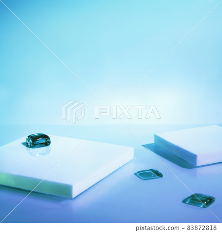empty scene with square podiums on holographic blue background empty scene with square podiums on holographic blue background 83872818
