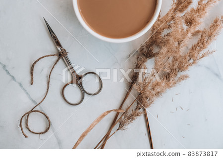 Manicure scissors with empty notebook and cup of coffee on table. Creative stylish workplace of manicurist. beauty treatment 83873817