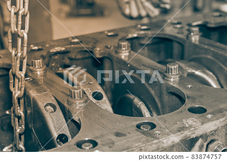 Black and White Bottom Cylinder Block and Crankshaft of Car Engine Black and White Bottom Cylinder Block and Crankshaft of Car Engine 83874757