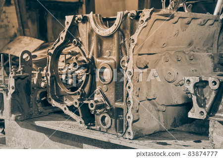Black and White Zoom Side View Cylinder Block and Cylinder Head of Truck Engine Black and White Zoom Side View Cylinder Block and Cylinder Head of Truck Engine 83874777