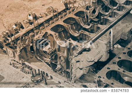 Black and White Side View Cylinder Block and Cylinder Head of Truck Engine 83874783