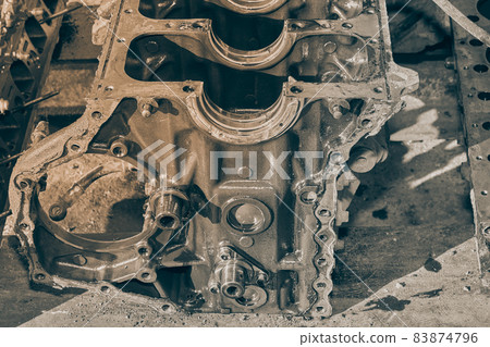 Black and White High Angle View Cylinder Block of Truck Engine 83874796