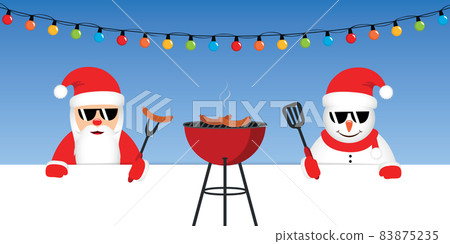 cute santa claus and snowman with sunglasses at christmas bbq 83875235
