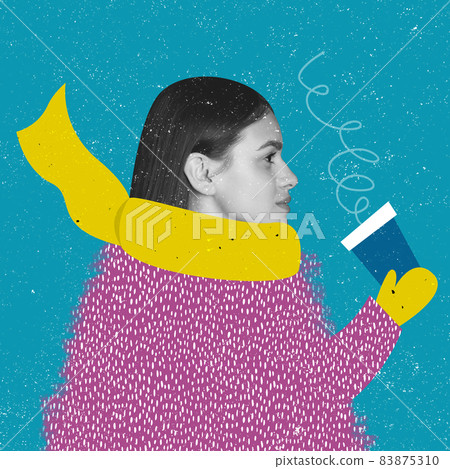 Contemporary art collage of beautiful woman in drawn down-padded coat drinking hot tea isolated over blue background. Concept of winter season Contemporary art collage of beautiful woman in drawn down-padded coat drinking hot tea isolated over blue background. Concept of winter season 83875310