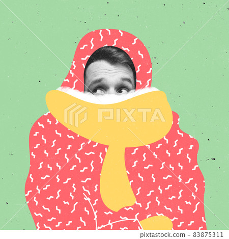 Contemporary art collage of funny man in drawn pink down-padded coat with scarf isolated over green background. Concept of winter season Contemporary art collage of funny man in drawn pink down-padded coat with scarf isolated over green background. Concept of winter season 83875311