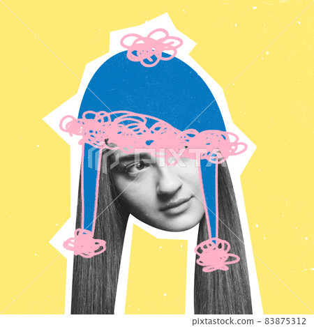 Contemporary art collage of young woman wearing drawn hat isolated over yellow background 83875312