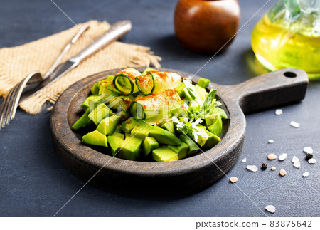 Salad with , avocado, cucumber and nuts on plate, top view 83875642