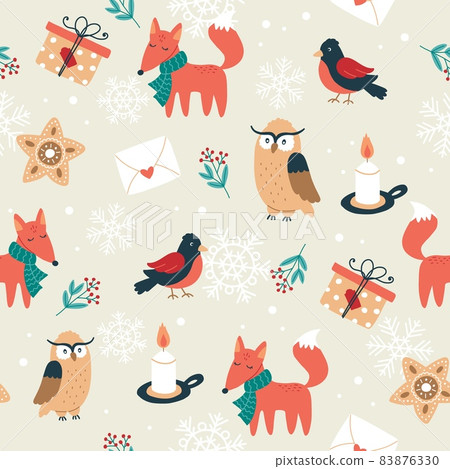 Christmas pattern with foxex, owls, birds and candles. Festive background with hand drawn elements, vector illustration Christmas pattern with foxex, owls, birds and candles. Festive background with hand drawn elements, vector illustration 83876330