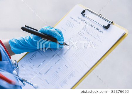 hospital staff collect patient medical health data examination report before treatment process 83876693
