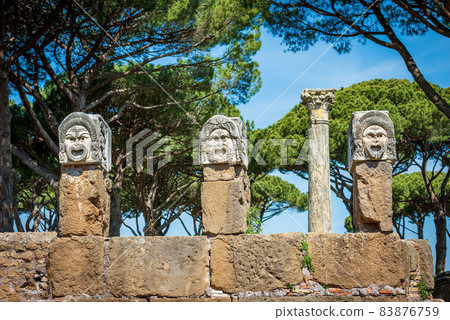 Ostia Antica Rome Italy - Theater Masks of the Roman Amphitheater Ostia Antica Rome Italy - Theater Masks of the Roman Amphitheater 83876759