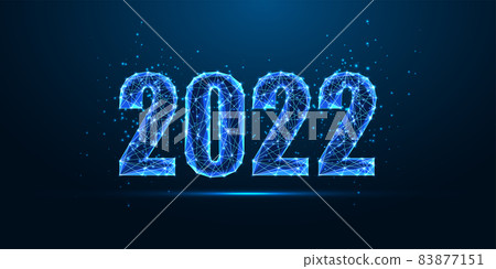 Abstract 2022 Happy New Year digital web banner template in futuristic glowing polygona 83877151