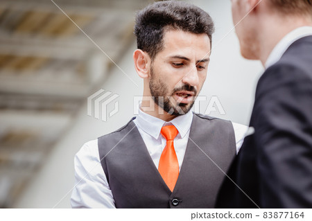 businessman expression lie speak or do something wrong, avoiding his gaze from problem 83877164