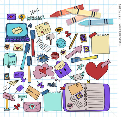 A set of vector mail doodles. Icons with paper envelopes, letters, email. A children s notebook in a cage with drawings of postal items. Hand-drawn elements for email A set of vector mail doodles. Icons with paper envelopes, letters, email. A children s notebook in a cage with drawings of postal items. Hand-drawn elements for email 83879365