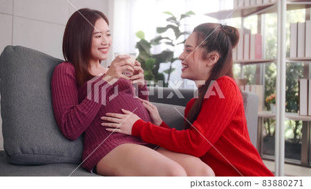 Happy pregnant lesbian couple spending time together at home. 83880271