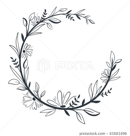 Beautiful botanical wreath with flowers and leaves doodle style. Beautiful botanical wreath with flowers and leaves doodle style. 83881896
