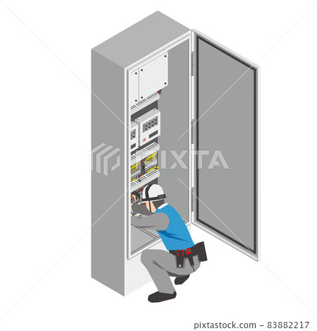 Workers crouching down to work on the control panel (isometric) 83882217