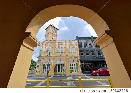 Phuket old town with Building Sino Portuguese architecture at Phuket Old Town area Phuket, Thailand. 83882568